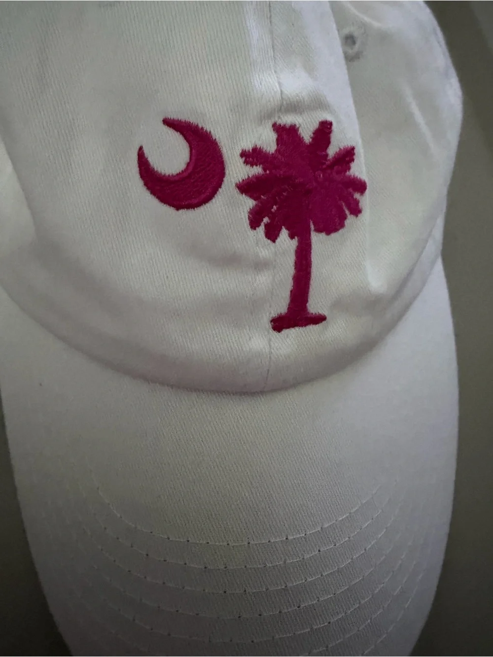 White Baseball Cap with Pink Palm Tree & Crescent Embroidery
